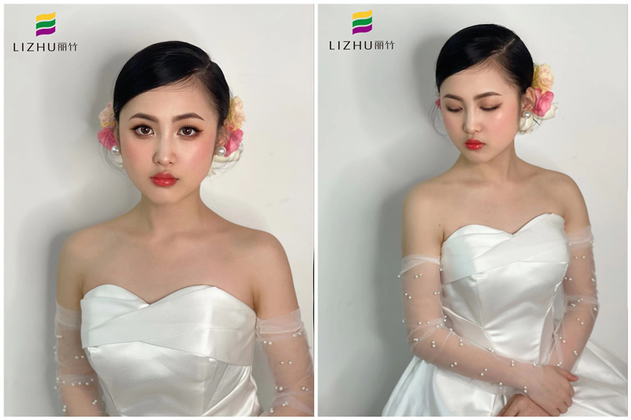 簡(jiǎn)約鮮花新娘妝容，廣西化妝學(xué)校新娘妝作品