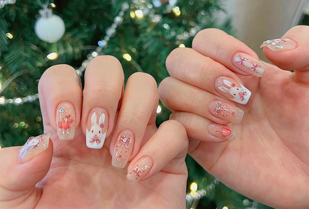 兔子新年美甲，廣西美甲造型學(xué)校將氛圍狠狠抓住了