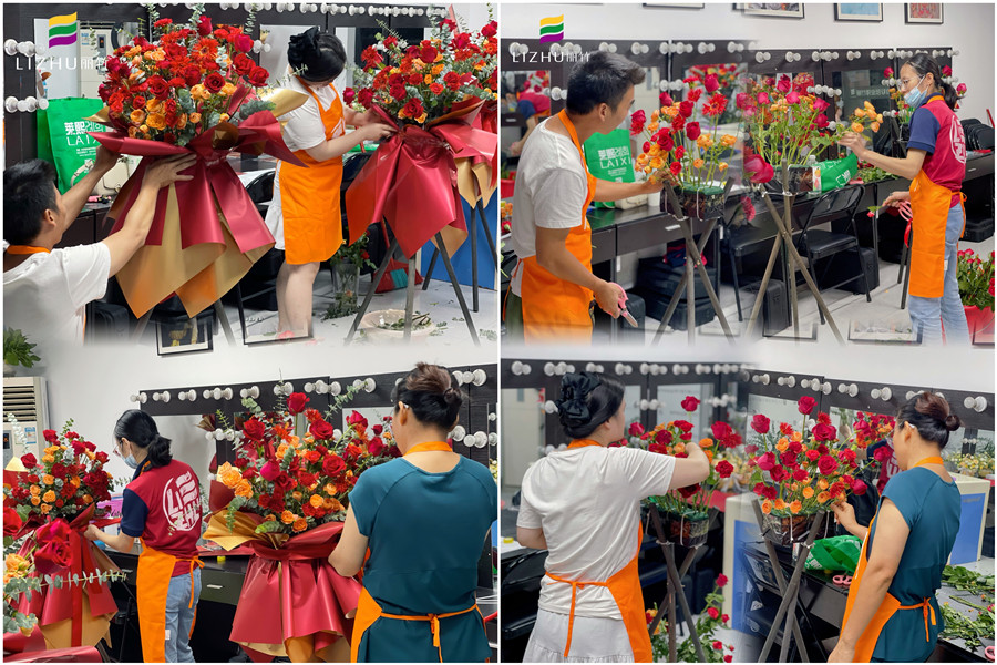 玫瑰開業(yè)花籃制作，廣西插花師學(xué)校學(xué)員作品