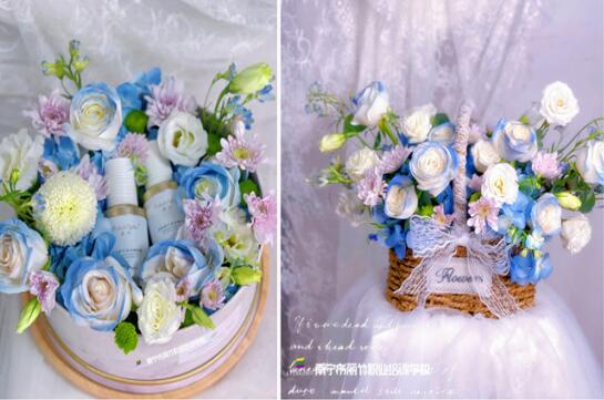 南寧花藝培訓(xùn)作品：竹編手提花籃+奶油花盒+韓系桌花