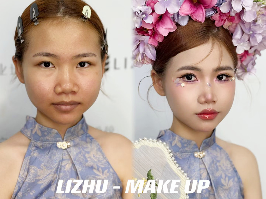 簪花造型課堂實(shí)況，廣西美妝課堂作品欣賞