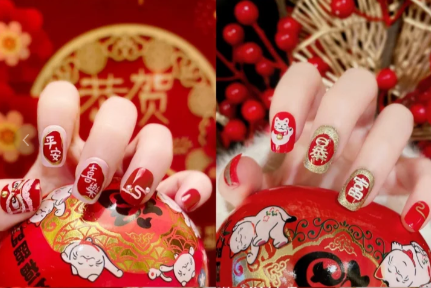 紅色喜慶卡通美甲，廣西美甲師學(xué)校整理