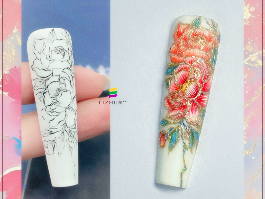 國風刺繡牡丹美甲，廣西美甲設計學校作品