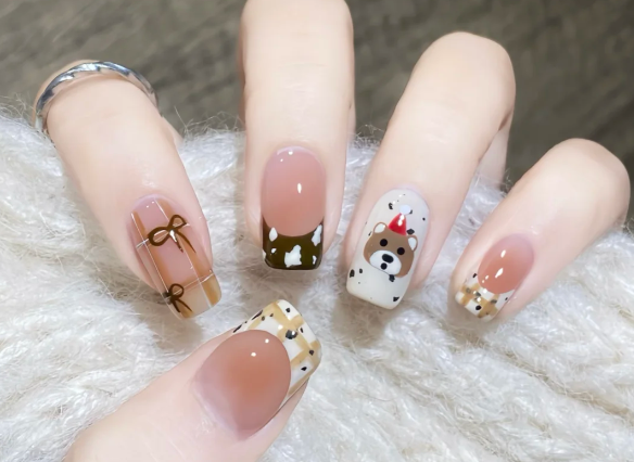 格紋手繪小熊美甲教程，南寧美甲教學(xué)分享